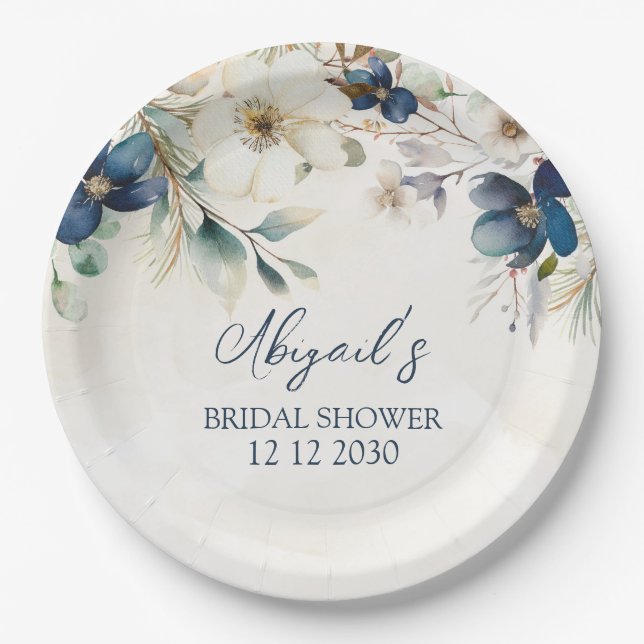 Assiettes En Carton Elegant Blue Floral Winter Bridal Shower (Devant)