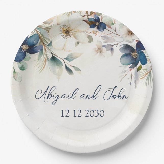 Assiettes En Carton Elegant Blue Floral Winter Wedding (Devant)