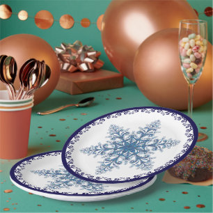 Assiettes En Carton Élégant Blue Snowflake Holiday