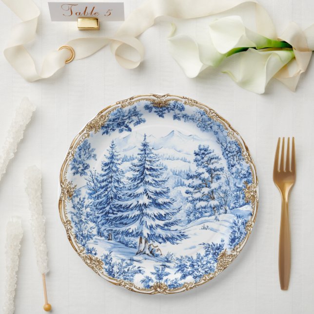 Assiettes En Carton Elegant Blue Toile Christmas Tree Holiday Dining  (Mariage)