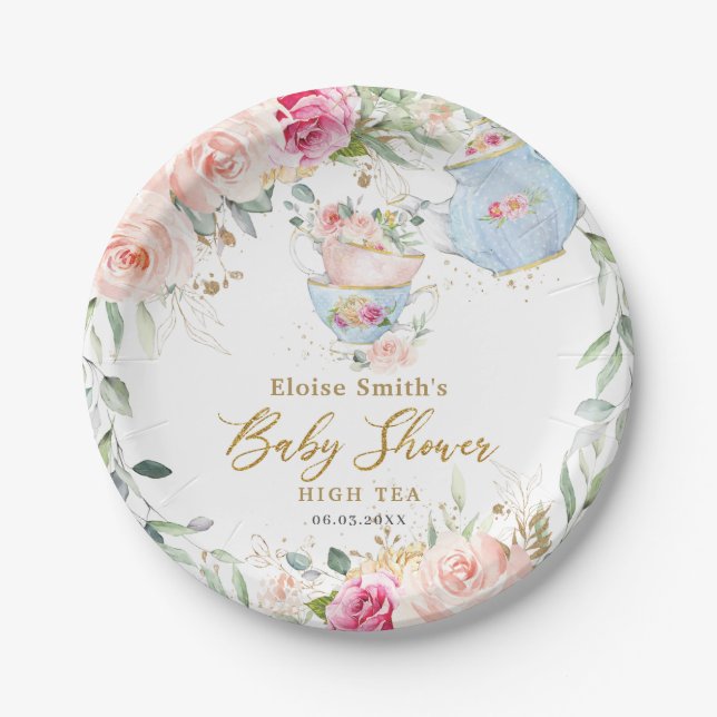 Assiettes En Carton Elégant Blush Floral High Tea Party Baby shower (Devant)