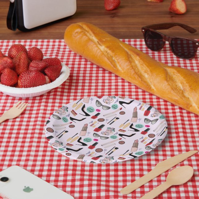Assiettes En Carton Élégant Blush Girl Peintre de maquillage rose Glam (Pique-nique)