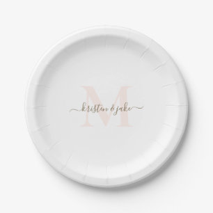 Assiettes En Carton Élégant Blush & Gold Monogram Mariage Swash