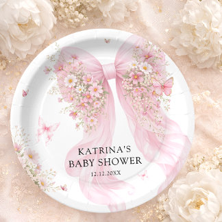 Assiettes En Carton Elegant Blush Pink Bow Wildflower Baby Shower
