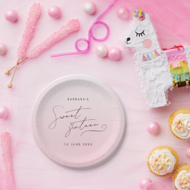 Assiettes En Carton Elegant Blush Pink Ombre Script Sweet Sixteen (Fête)