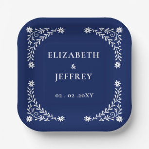 Assiettes En Carton Élégant Bohème Mariage Floral Navy