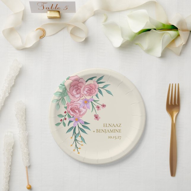 Assiettes En Carton Elégant Boho Blush Rose Aquarelle Mariage Floral (Mariage)