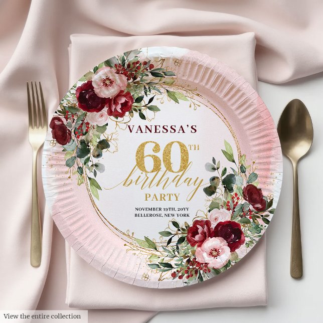 Assiettes En Carton Elegant Boho Burgundy Gold Floral 60th Birthday   (Elegant Boho Burgundy Gold Floral 60th Birthday Plates)