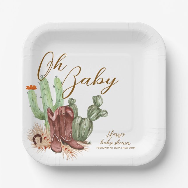 Assiettes En Carton Elégant Boho Cactus Cowboy Chaussures Baby shower (Recto)