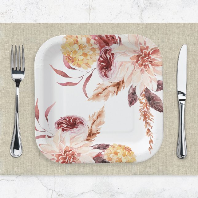 Assiettes En Carton Elégant Boho Chic Aquarelle Fête des mariées flora (Créateur téléchargé)