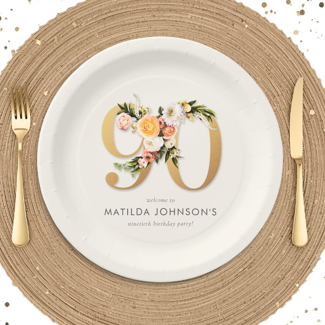Assiettes En Carton Elegant Boho Floral Gold Foil 90th Birthday (Elegant Boho Floral Gold Foil 90th Birthday Paper Plates)