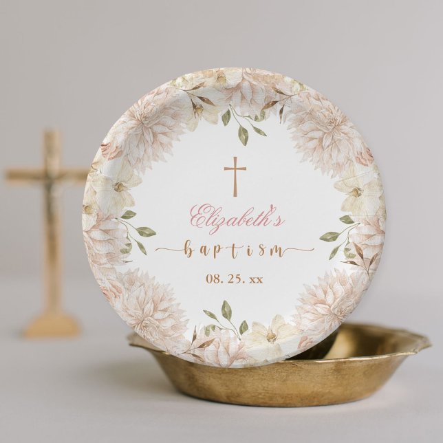 Assiettes En Carton Élégant Boho rose Floral Baptism Plaque en papier (Créateur téléchargé)