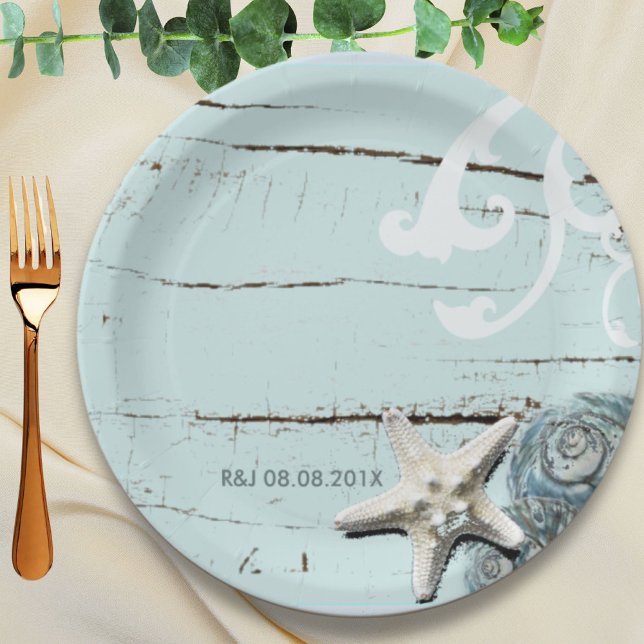 Assiettes En Carton Elégant bois BLue Seashells Plage Mariage faveur (Elegant wood BLue Seashells Beach Wedding favor Paper Plates)