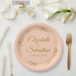 Assiettes En Carton Elégant Bordure Ornate Corail Pêche & Mariage Or