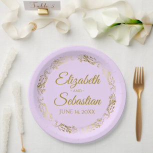 Assiettes En Carton Elégant Bordure Ornate Lilac Purple & Mariage Or
