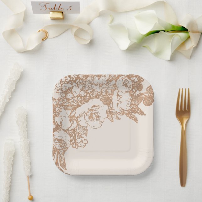 Assiettes En Carton Élégant botanique | Floral or Rose cuivre (Mariage)