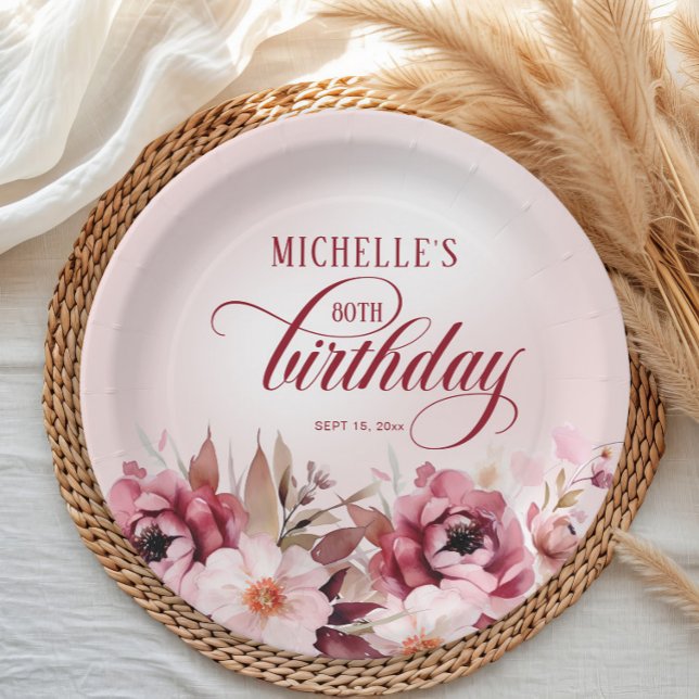 Assiettes En Carton Élégant bouillon rose 80e anniversaire (Elegant burgundy and pink watercolor floral birthday party paper plate)