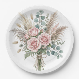 Assiettes En Carton Élégant Bouquet Floral Boho Rose Pâle coussin 