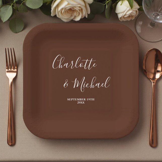 Assiettes En Carton Elegant Brown Script Minimalist Wedding (Créateur téléchargé)