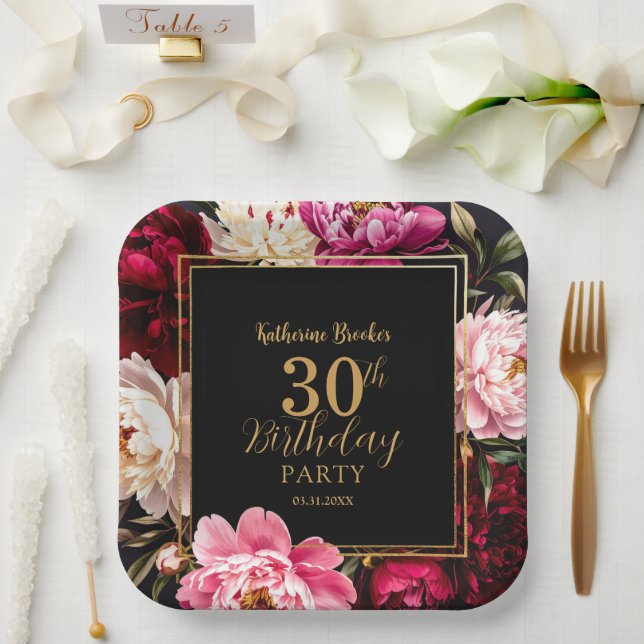Assiettes En Carton Elegant Burgundy and Blush Peony Floral Birthday (Mariage)
