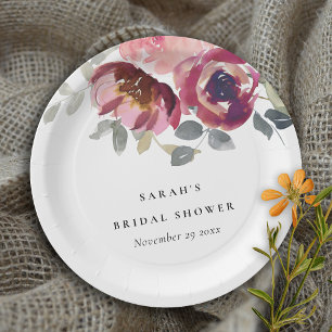 ASSIETTES EN CARTON ÉLÉGANT BURGUNDY BLUSH ROSE FÊTE DES MARIÉES FLORA