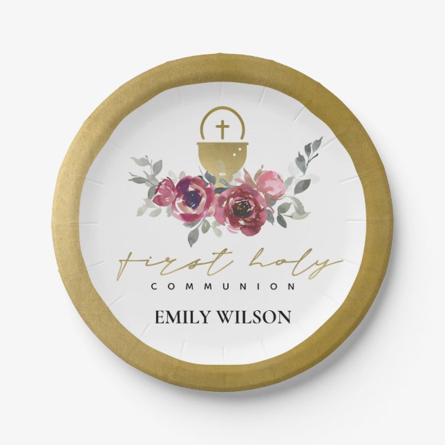 ASSIETTES EN CARTON ÉLÉGANT BURGUNDY GOLD FLORAL PREMIER SAINT COMMUNI (Devant)