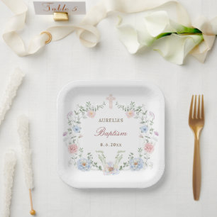 Assiettes En Carton Élégant cadre floral Baptême