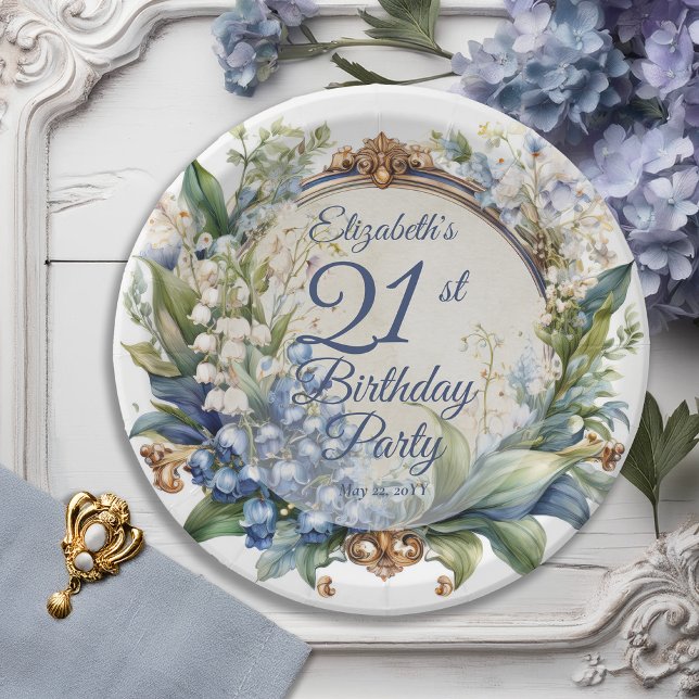 Assiettes En Carton Elégant cadre floral baroque 21ème anniversaire (Elegant Baroque Floral Arch 21st Birthday Party Round Paper Plate)