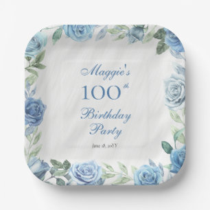 Assiettes En Carton Elégant cadre floral bleu 100e fête d'anniversaire