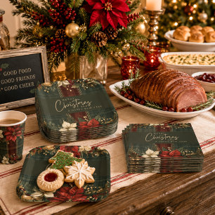 Assiettes En Carton Élégant carreau et Merry Christmas Poinsettia