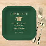 Assiettes En Carton Élégant Casquette de grade Green Gold Graduation P<br><div class="desc">Élégante plaque de papier vert de la fête de graduation avec un casquette de grade d'or,  "Graduate" et le nom du diplômé,  l'école et l'année de classe dans la typographie serif classique.</div>