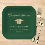 Assiettes En Carton Élégant Casquette de grade Green Gold Graduation P<br><div class="desc">Élégante plaque de papier de la fête de graduation verte avec un casquette de grade d'or,  "Félicitations" dans un scénario classique et le nom du diplômé,  l'école et l'année de classe dans la typographie moderne.</div>