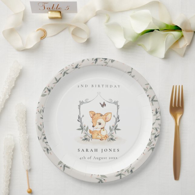 Assiettes En Carton Élégant Cerf de Bébé Cimier Floral Quel âge Annive (Mariage)