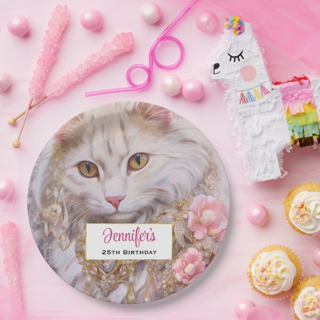 Assiettes En Carton Élégant chat blanc en or et diamants Anniversaire (Fête)
