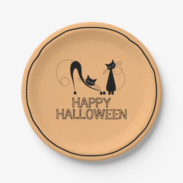 Assiettes En Carton Élégant chat noir, Joyeux Halloween (Devant)