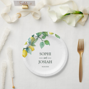 Assiettes En Carton Élégant chaux jaune fleuri blanc bleu mariage