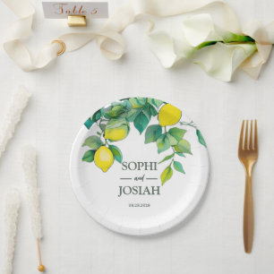 Assiettes En Carton Élégant chaux jaune fleuri blanc bleu mariage