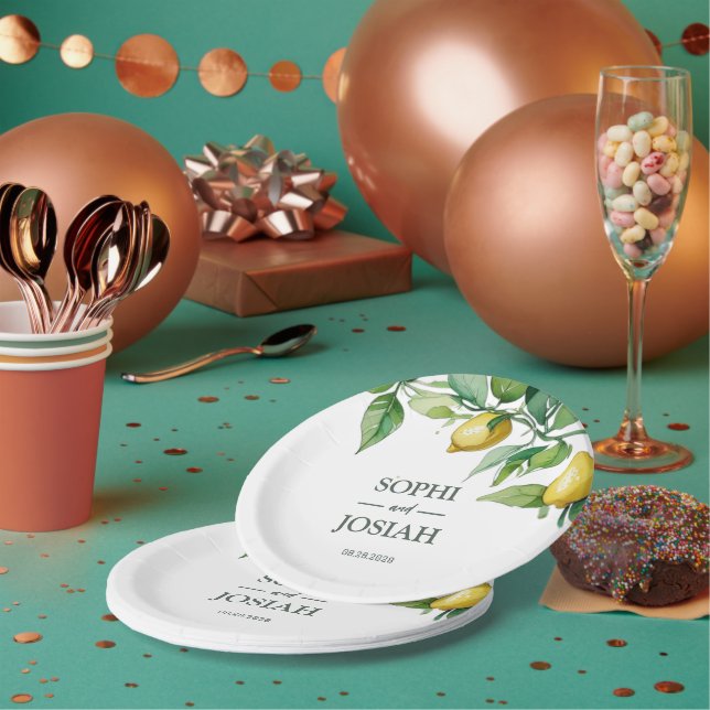 Assiettes En Carton Élégant chaux jaune fleuri blanc bleu mariage (Multi)