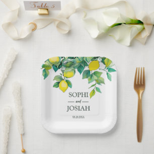 Assiettes En Carton Élégant chaux jaune fleuri blanc bleu mariage