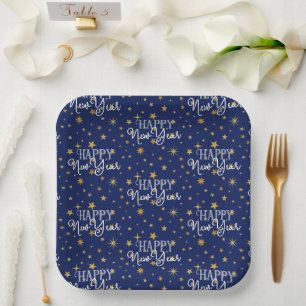 Assiettes En Carton Elégant Chic Navy Blue & Gold Stars Bonne année