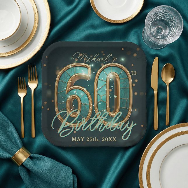 Assiettes En Carton Elegant Chic Teal and Gold 60th Birthday Party (Créateur téléchargé)