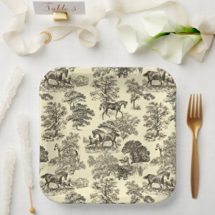 Assiettes En Carton Elégant Chic Vintage Beige Rustique Horses Toile