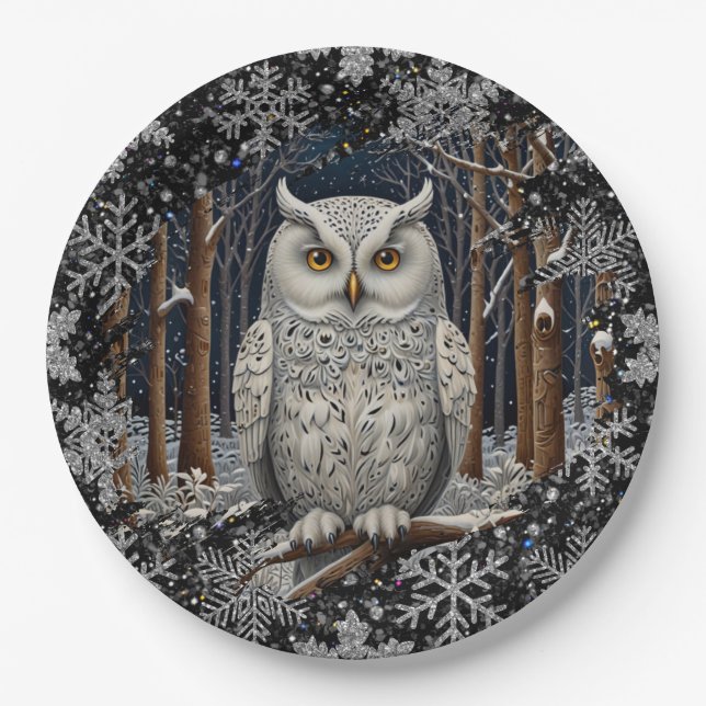 Assiettes En Carton Elegant Christmas white owl woodland winter forest (Devant)