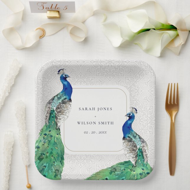 Assiettes En Carton Elégant Classy Ornate Aquarelle Peacock Mariage (Mariage)