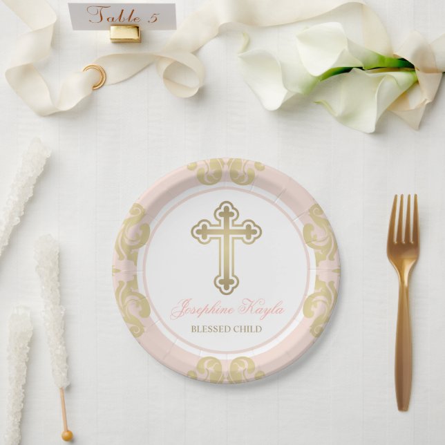 Assiettes En Carton Elégant Croix d'or Blush Damask Baby Girl Baptiser (Mariage)
