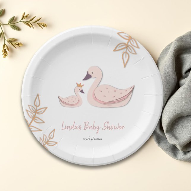 Assiettes En Carton Elégant cygne rose avec Baby shower bébé fille (Créateur téléchargé)