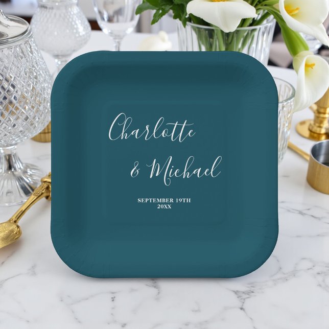 Assiettes En Carton Elegant Deep Teal Script Minimalist Wedding (Créateur téléchargé)