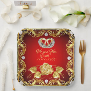 Assiettes En Carton Elégant Diamant Rouge Or Personnalisé