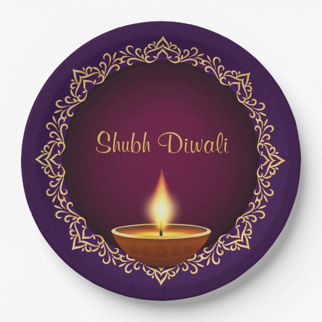 Assiettes En Carton Élégant Diwali Diyas violet (Devant)