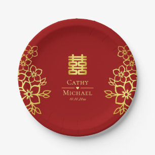 Assiettes En Carton Élégant double bonheur chinois mariage floral